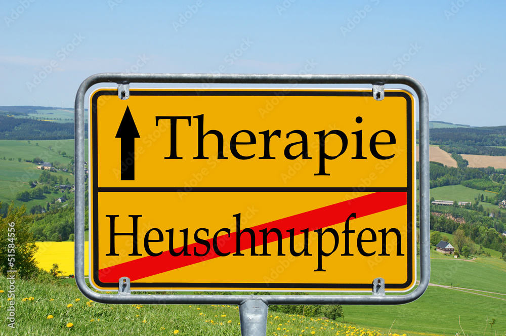 Landschaft und Schild - Heuschnupfen / Therapie
