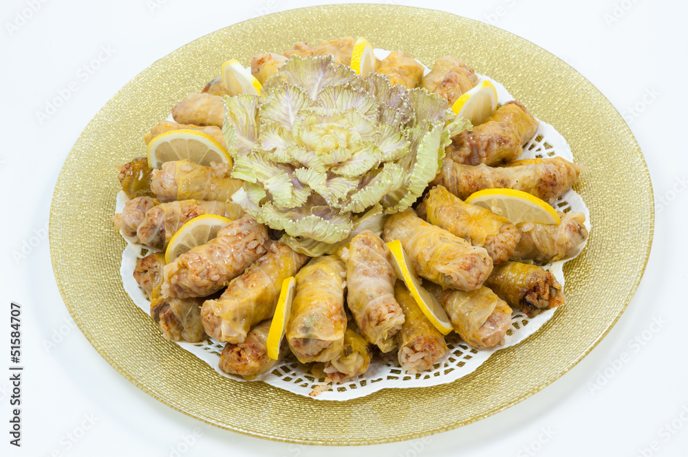 Traditional Turkish cabbage leaf wrap food with rice in dish Traditional Turkish cabbage leaf wrap food with rice in dish
