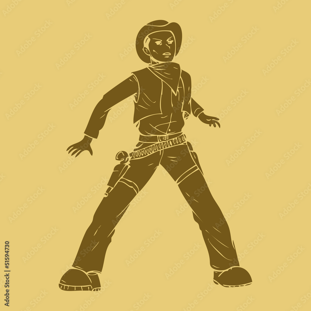 Obraz premium A cowboy ready for a duel in carved style illustration
