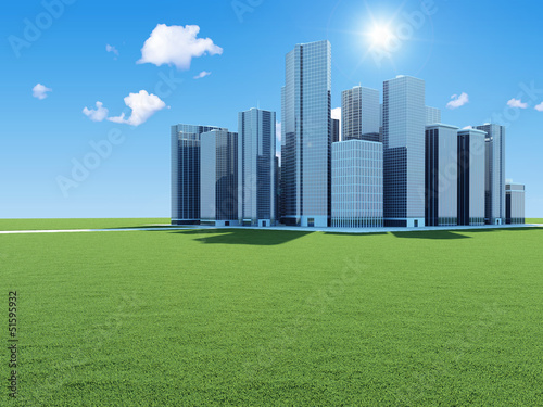 Modern Business City on beautiful landscape with sun and clouds