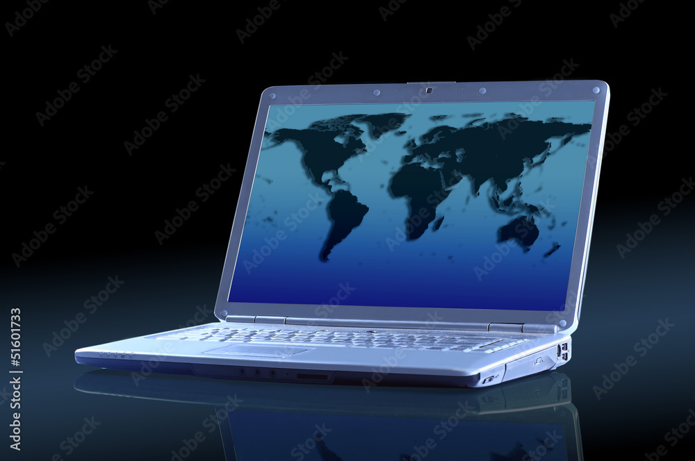 Laptop with a map of the world. Laptop with a map of the world.