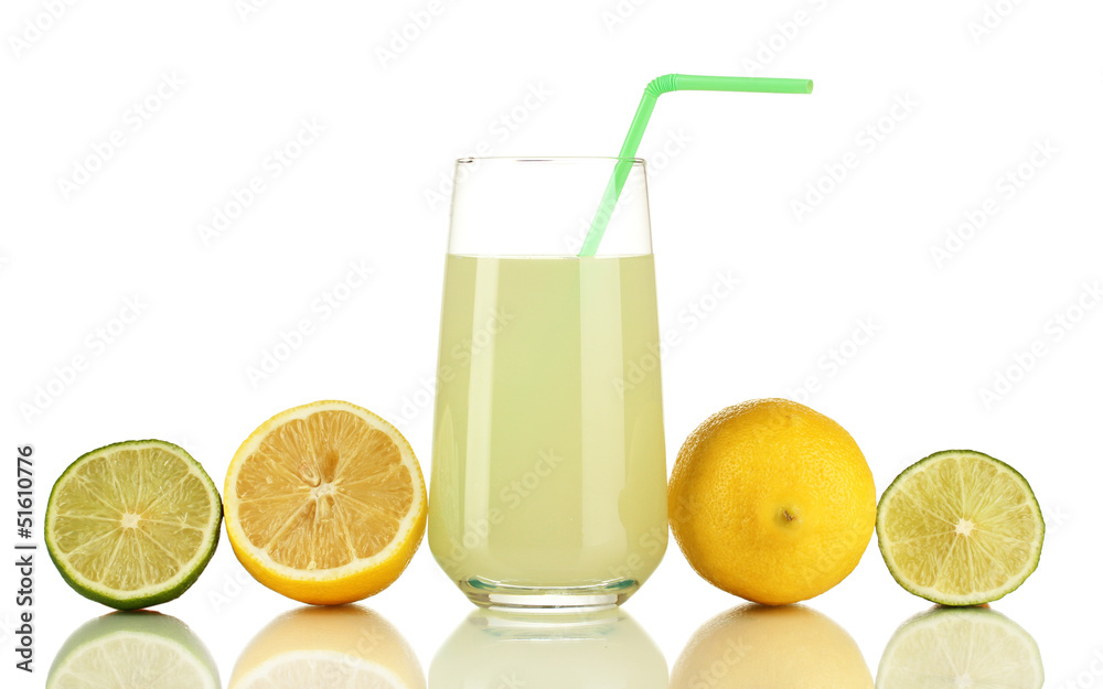 Delicious lemon juice in glass and limes and lemons next to it Delicious lemon juice in glass and limes and lemons next to it