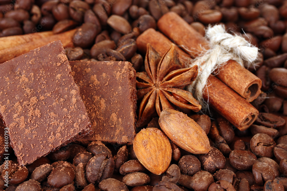 Chopped chocolate with cocoa, spices, on coffee beans Chopped chocolate with cocoa, spices, on coffee beans