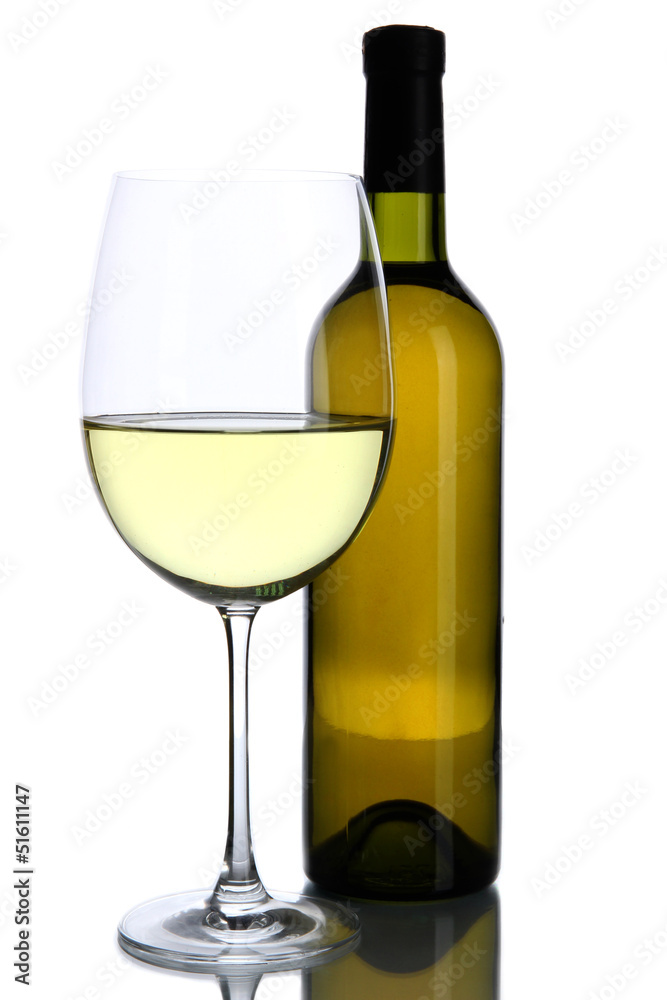 White wine glass and bottle of wine isolated on white White wine glass and bottle of wine isolated on white