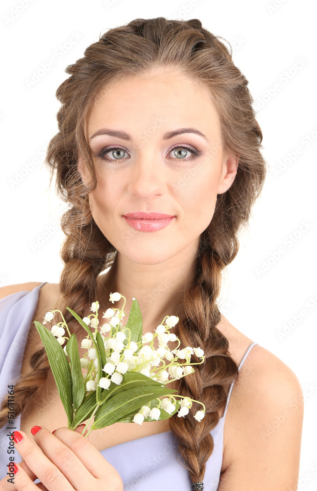 Young woman with beautiful hairstyle and flowers, isolated Young woman with beautiful hairstyle and flowers, isolated