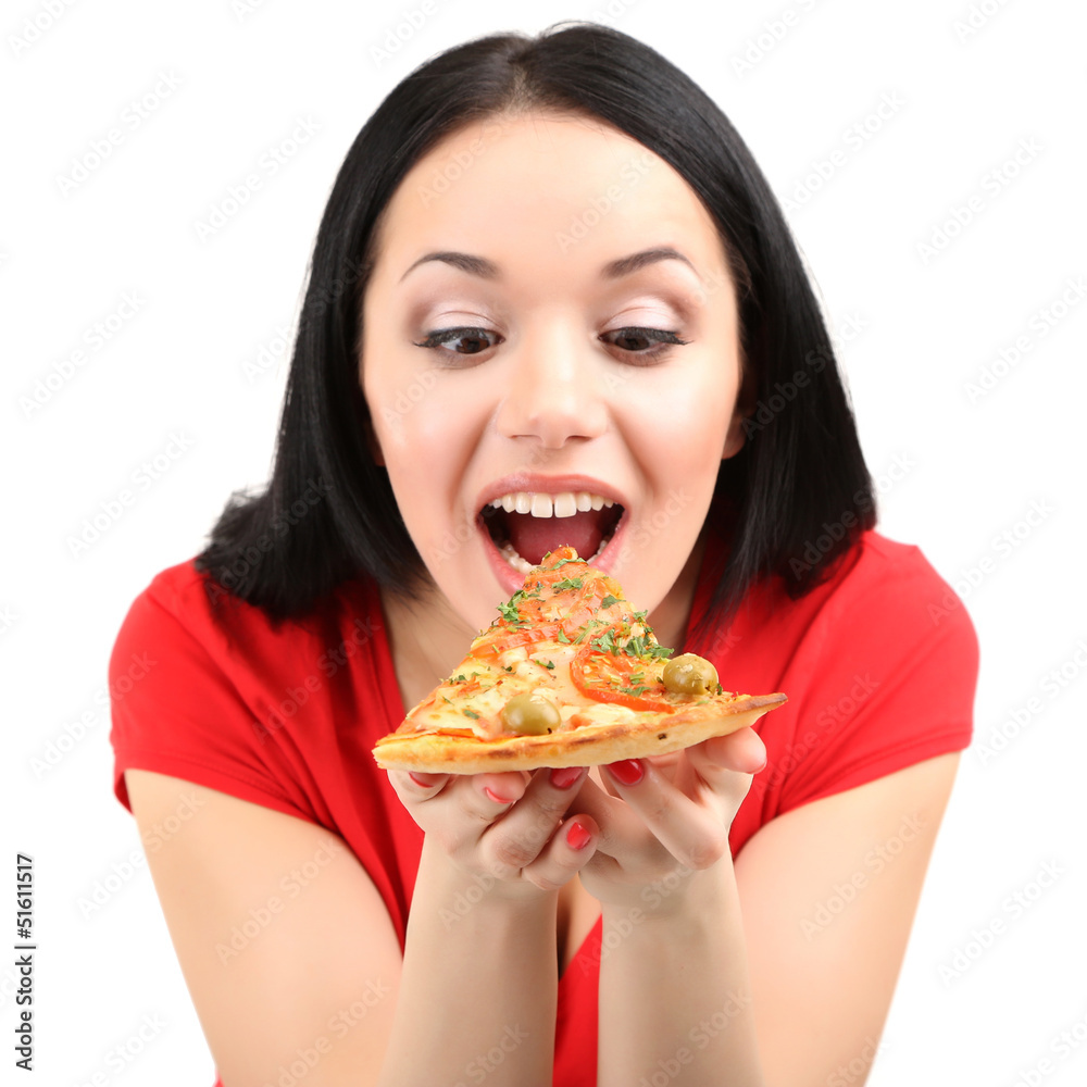 Beautiful girl wants to eat pizza isolated on white