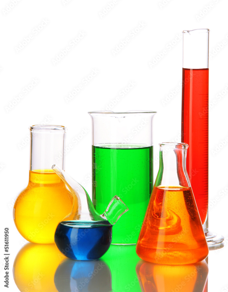 Test tubes with colorful liquids isolated on white Test tubes with colorful liquids isolated on white