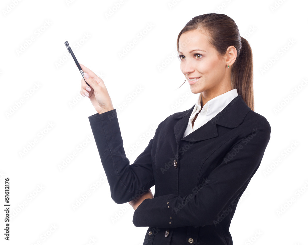 Young businesswoman pointing towards copyspace Young businesswoman pointing towards copyspace