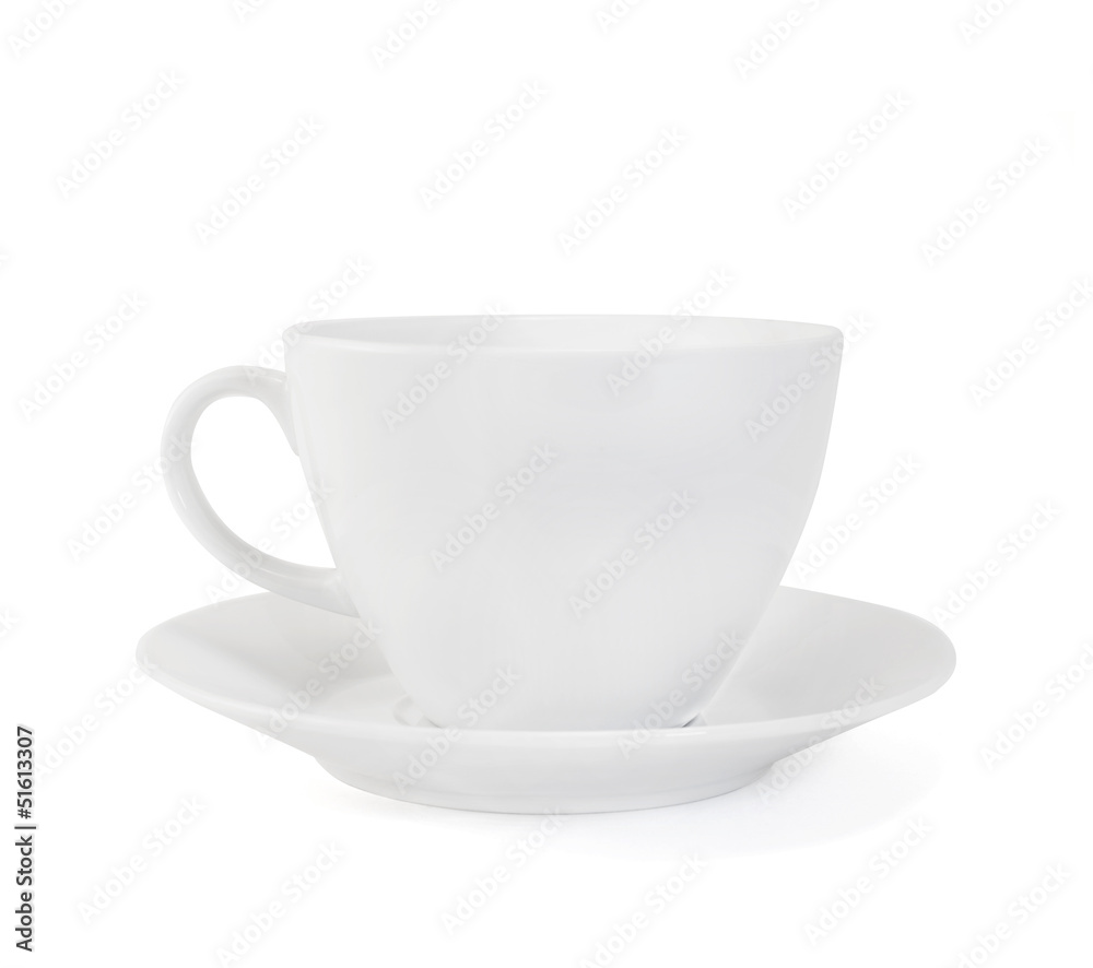Empty ceramic tea cup over white plate Empty ceramic tea cup over white plate