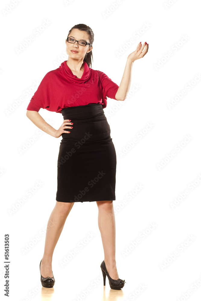 girl with blue eyes and glasses holding imaginary product girl with blue eyes and glasses holding imaginary product