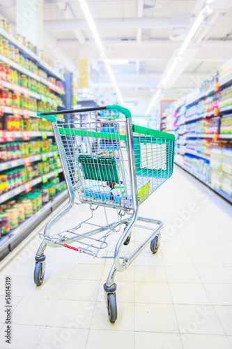 Shopping trolley with some groceries in supermarket