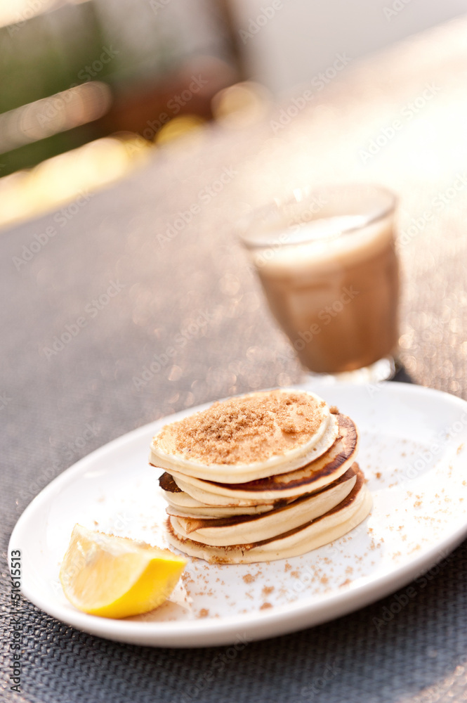 weekend breakfast of mini pancakes and cafe latte