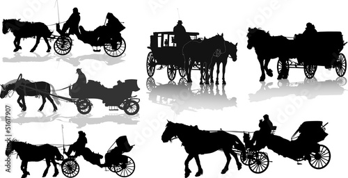 Set of 6 silhouettes of a horse put to a cart