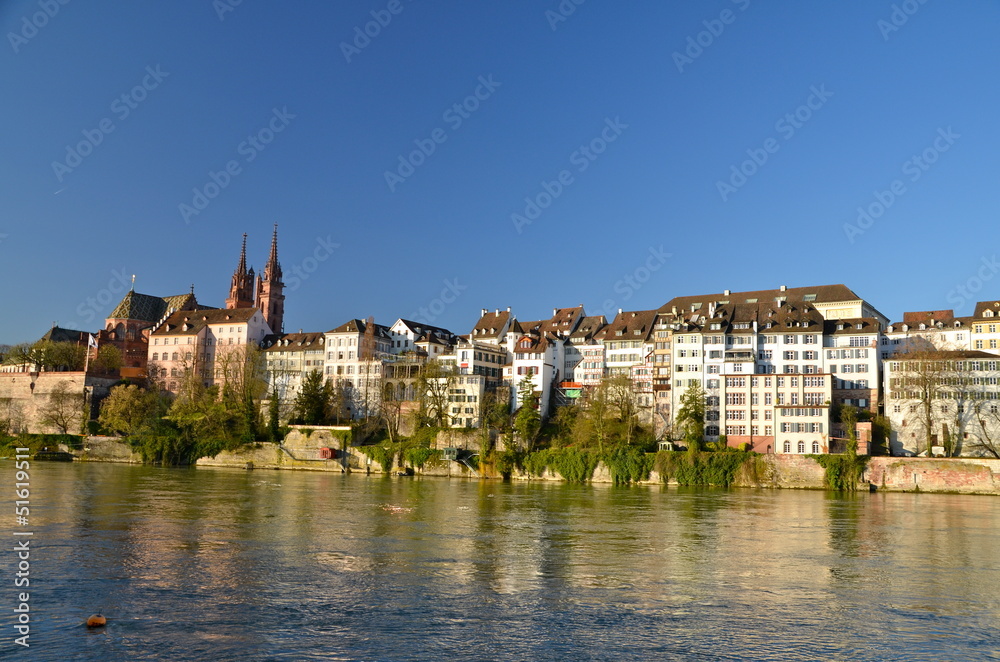 Fototapeta premium View of Basel and its Cathedral from the river Rhine