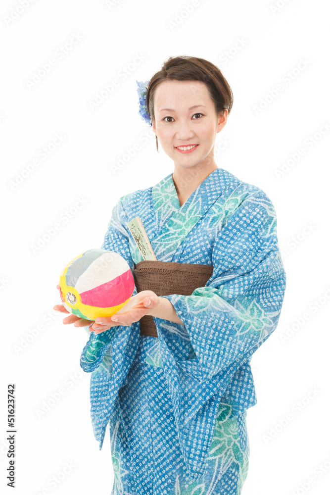 紙風船と浴衣女性 紙風船と浴衣女性