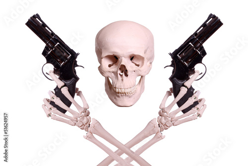 skull with two skeleton hands holding guns