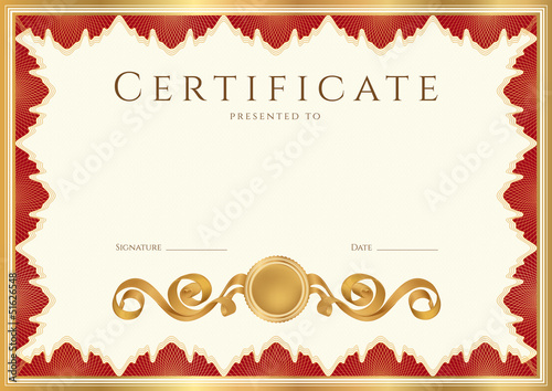 Certificate / Diploma template. Red border. Guilloche pattern