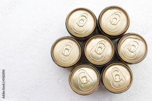 top view a isolated aluminum beer cans and clover