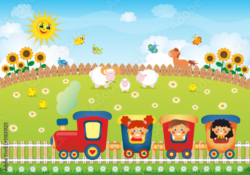 Obraz Dzieci jadące pociągiem na wsi