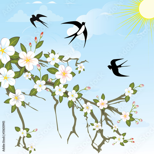 Flower branch with birds.