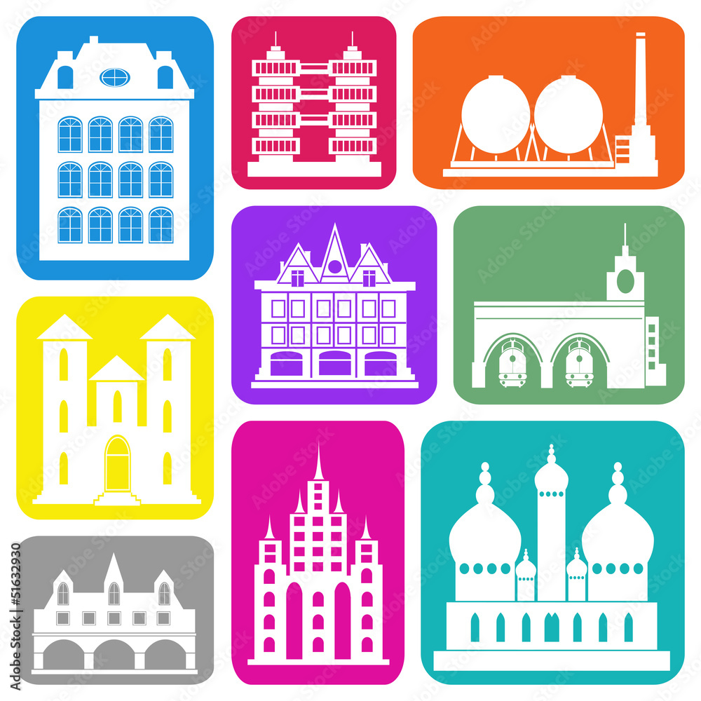 Wallpaper with buildings in colorful rectangles