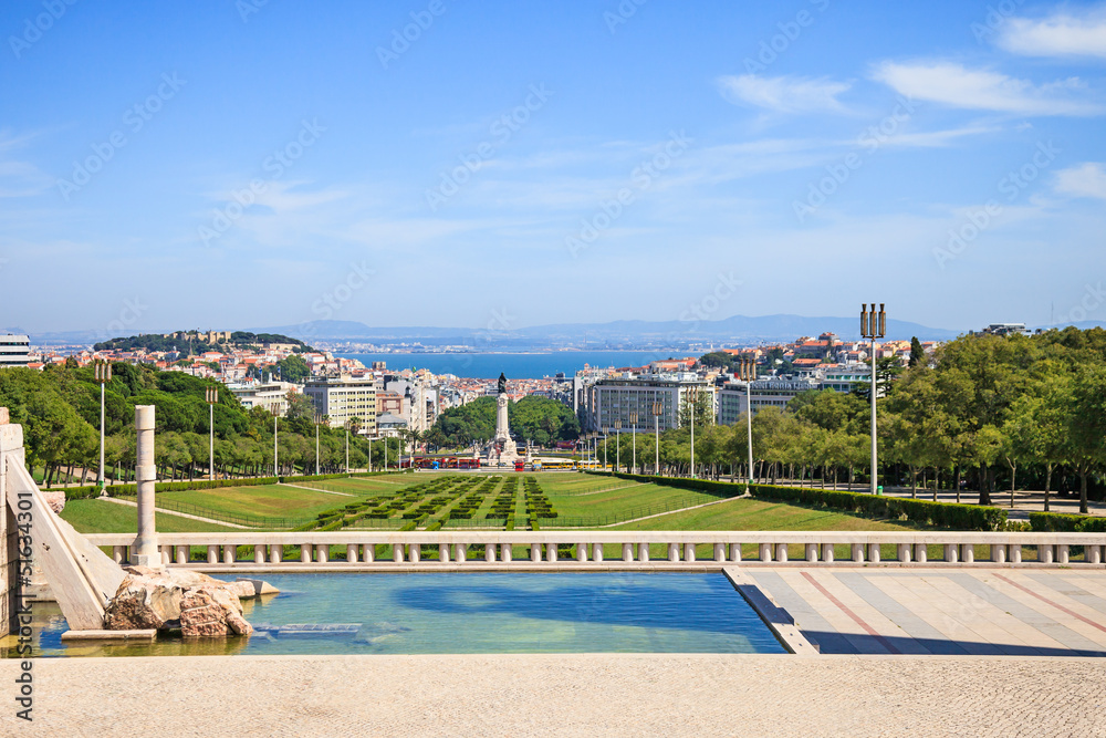 Lisbon landmark, view of square Marques de Pombal. Portugal.