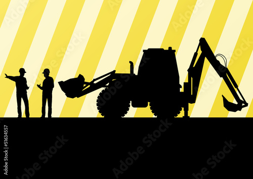 Excavator tractors detailed silhouettes illustration in construc