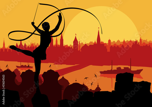 Young women doing calisthenics art gymnastics sport tricks with