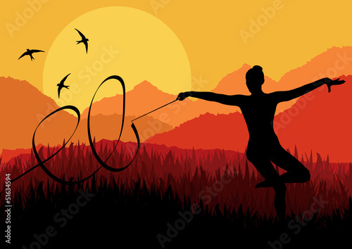 Young women doing calisthenics art gymnastics sport tricks with
