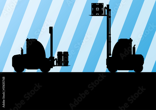 Warehouse truck cargo loaders machinery detailed editable silhou