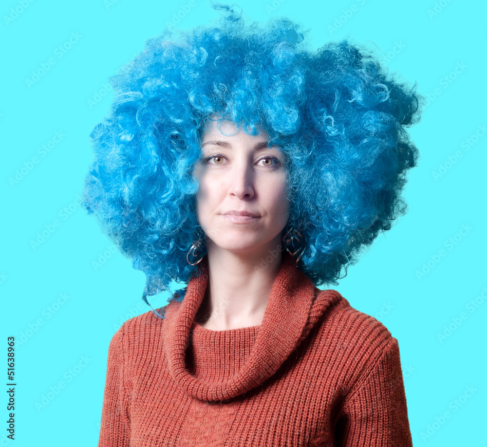 beautiful girl with curly blue wig and turtleneck beautiful girl with curly blue wig and turtleneck