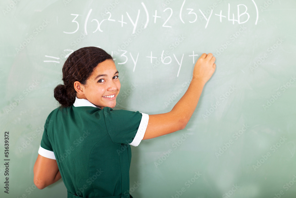 smiling student writing mathematics on the blackboard smiling student writing mathematics on the blackboard