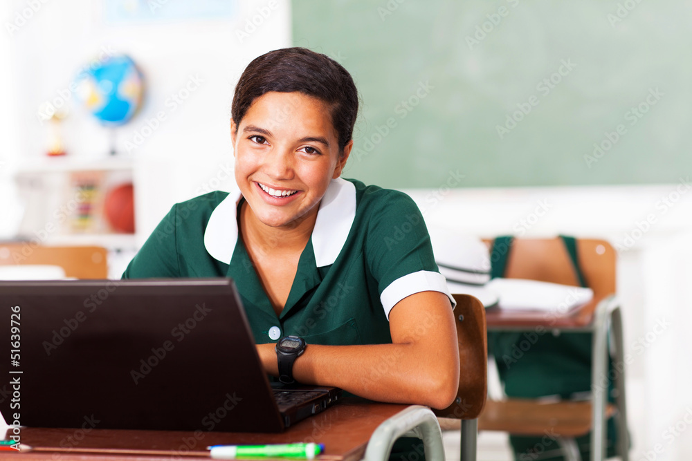 female middle school student using laptop - obrazy, fototapety, plakaty 