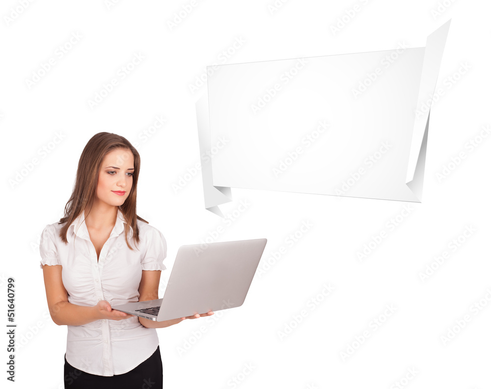 young woman presenting abstract origami copy space young woman presenting abstract origami copy space