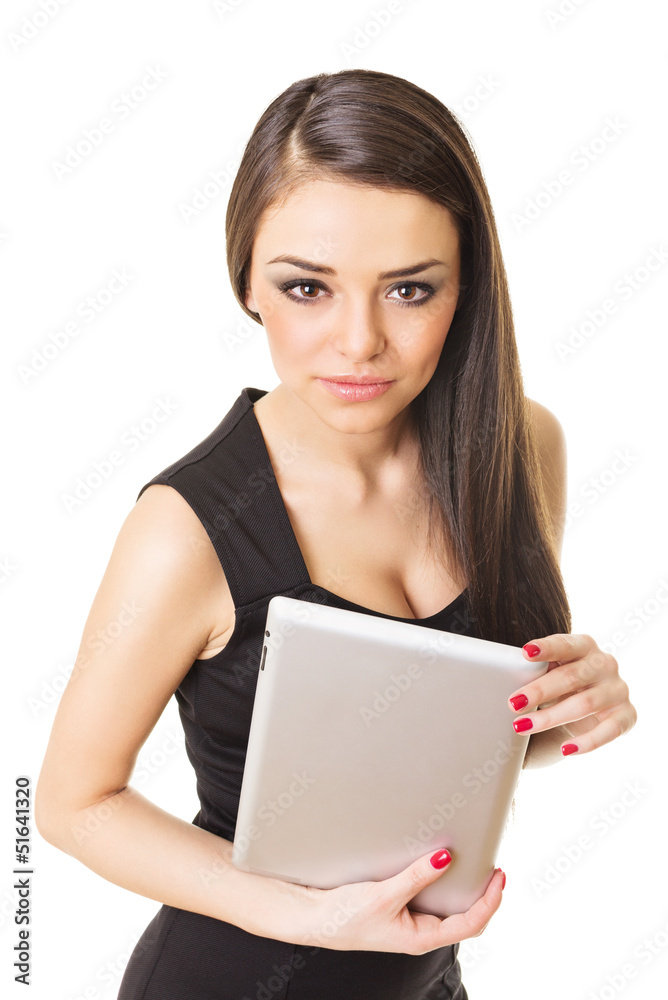 Gorgeous woman in black dress holding digital tablet Gorgeous woman in black dress holding digital tablet