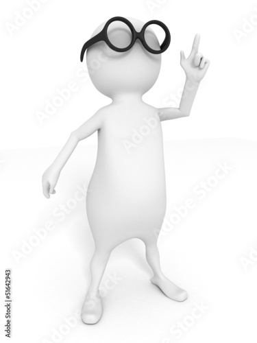 smart white 3d man in black round glasses pointing up finger