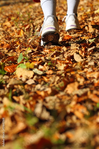 Woman walking cross country trail in autumn forest