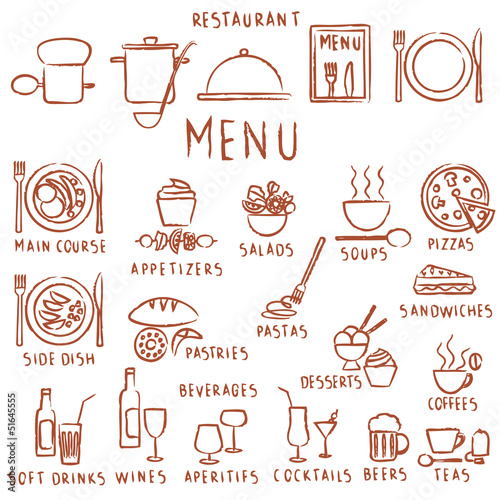 Various hand drawn restaurant menu elements