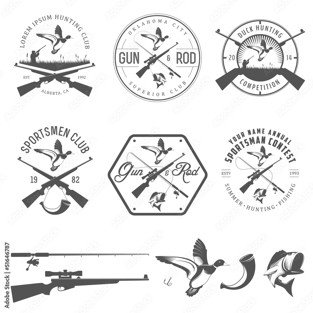 Set of vintage hunting and fishing labels and design elements Stock Vector