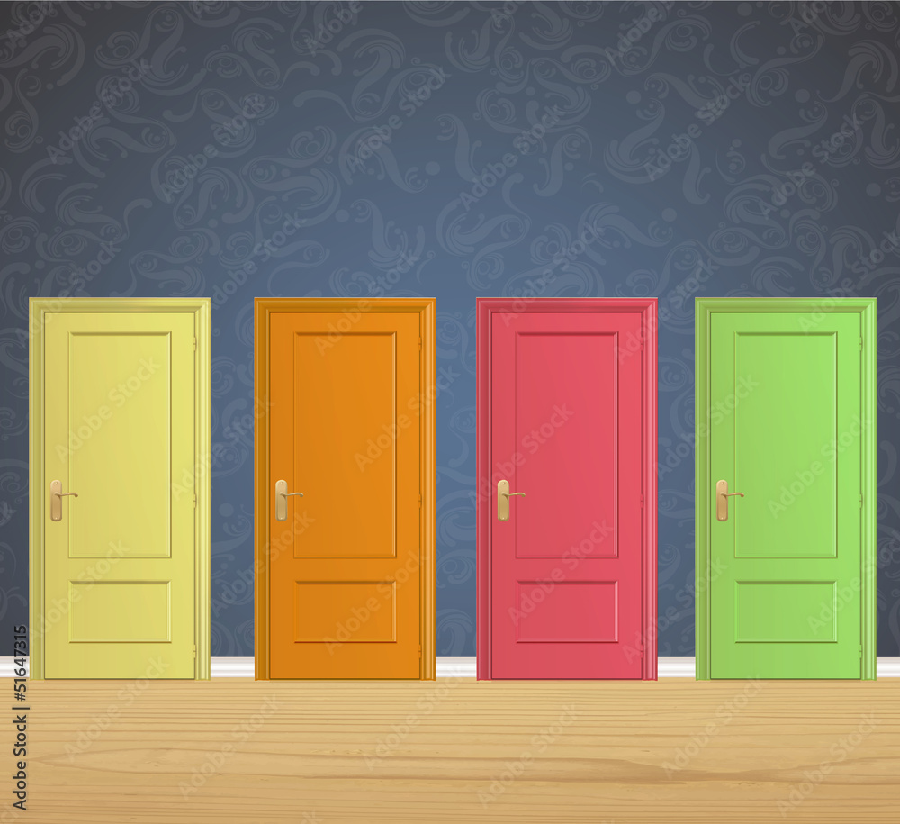 Colorful doors on vintage wall background.