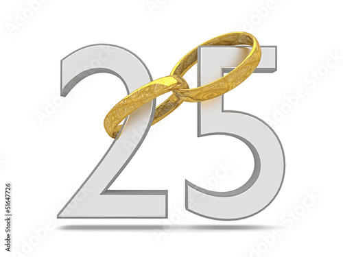 Silberhochzeit - 2 Eheringe in Gold hängen an der Zahl 25 - 3D Illustration zum Hochzeitstag