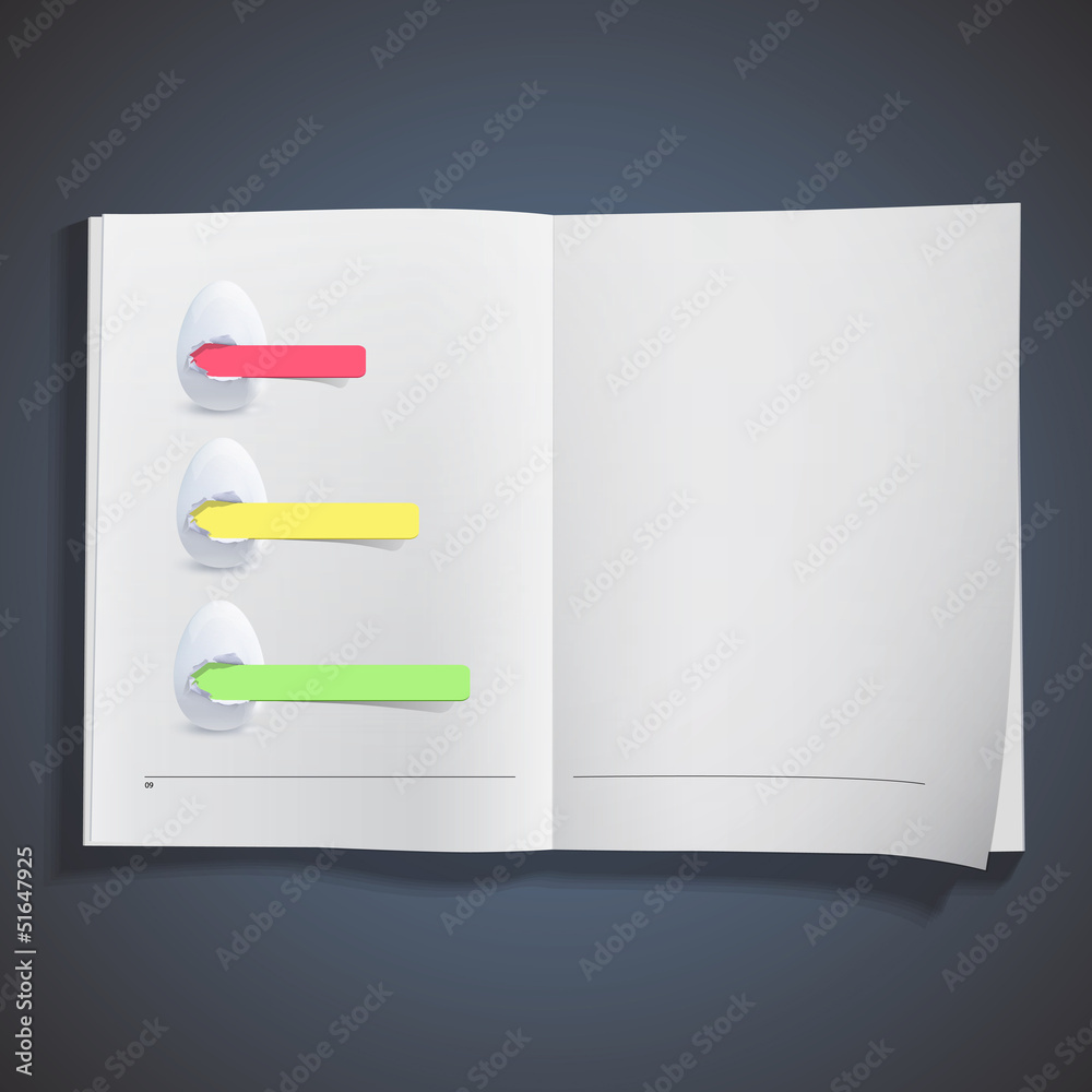 Three white egg with colorful paper inside book. Three white egg with colorful paper inside book.