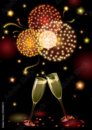 Fotografija holiday background with wo Champagne Flutes and  fireworks.