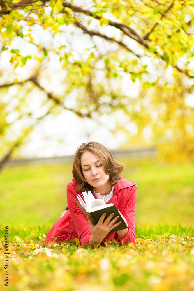 young woman reading a book in the autumn park young woman reading a book in the autumn park