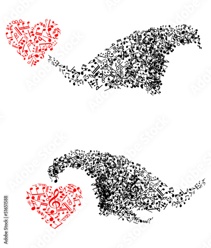 Abstract shapes with musical notes and hearts