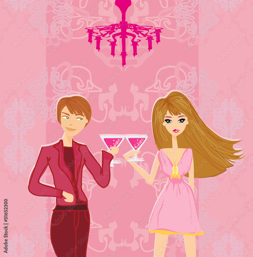 Young couple flirt and drink champagne Young couple flirt and drink champagne
