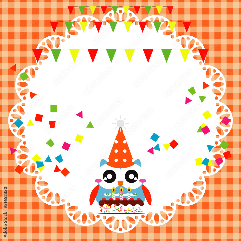 Obraz premium Vector birthday party card with cute owl
