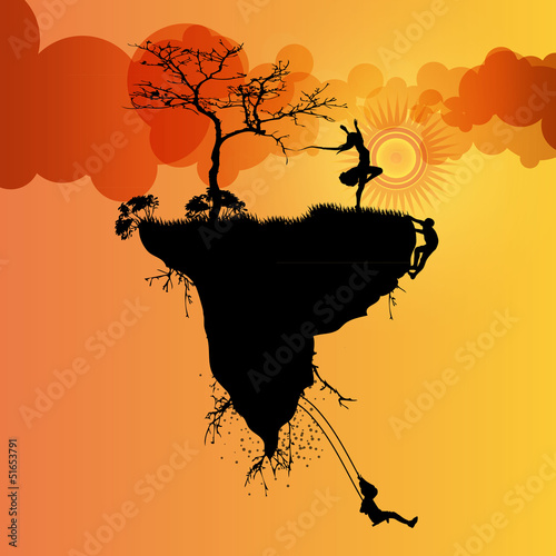abstract floating island vector illustration with peoples