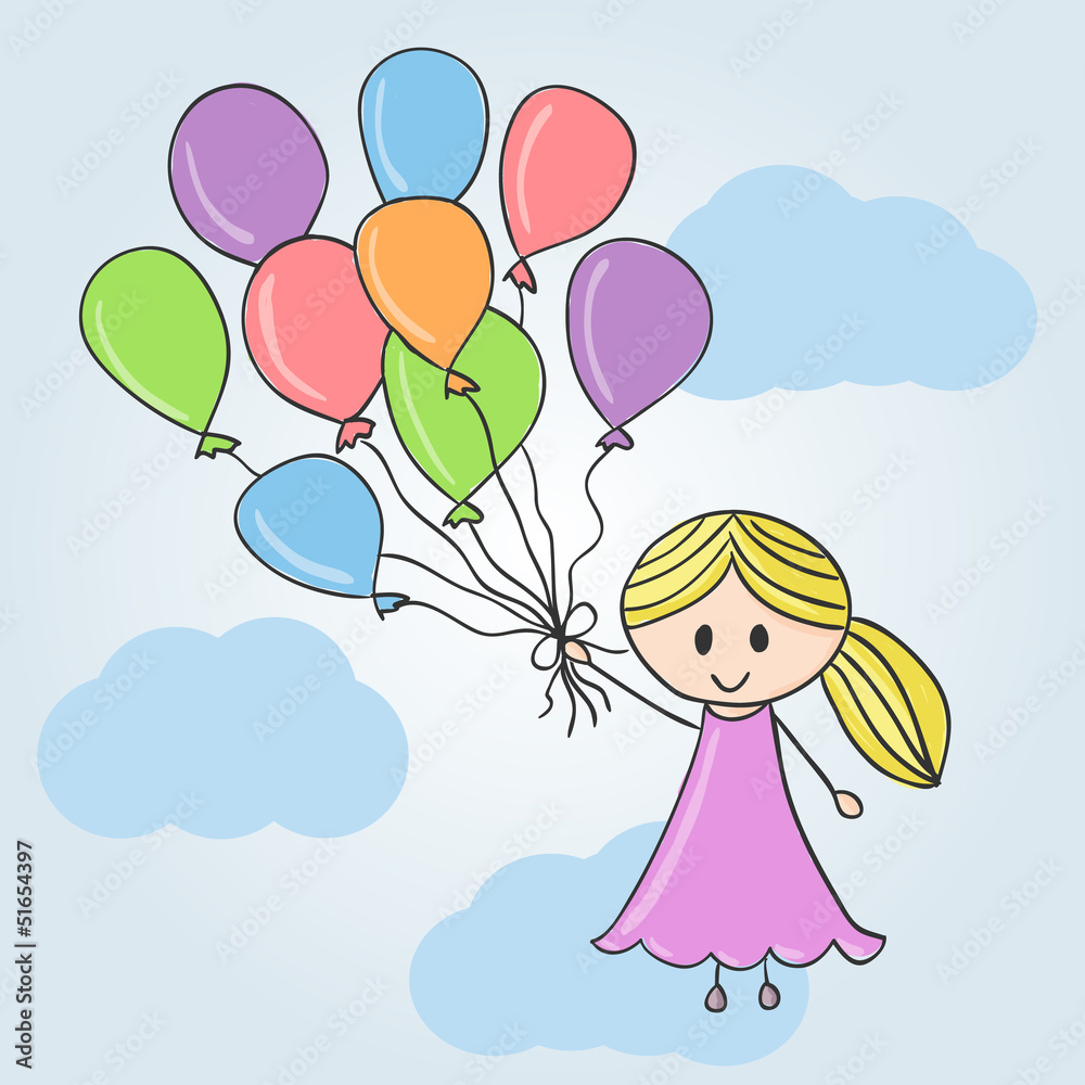 Girl with balloons and clouds