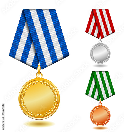 Gold, silver and bronze medals on patterned color ribbon.